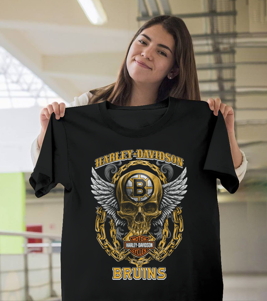 Harley Davidson Motorcycles Bruins Nhl Boston Bruins Skull Winged T-Shirt