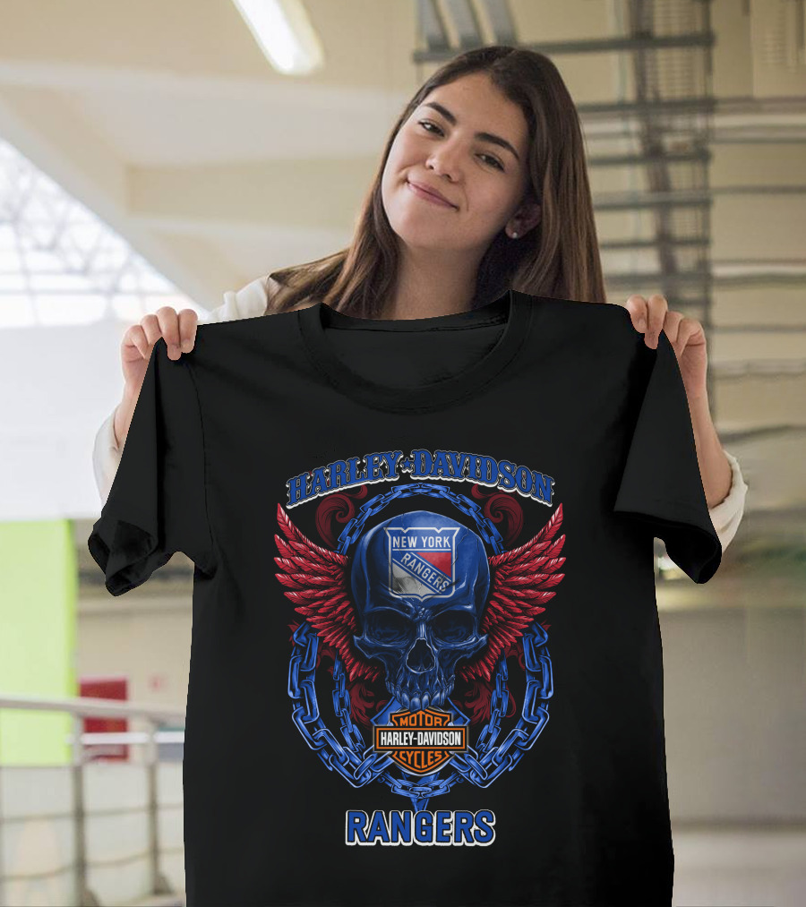 Harley Davidson New York Rangers Skull With Wings And Chain T-Shirt