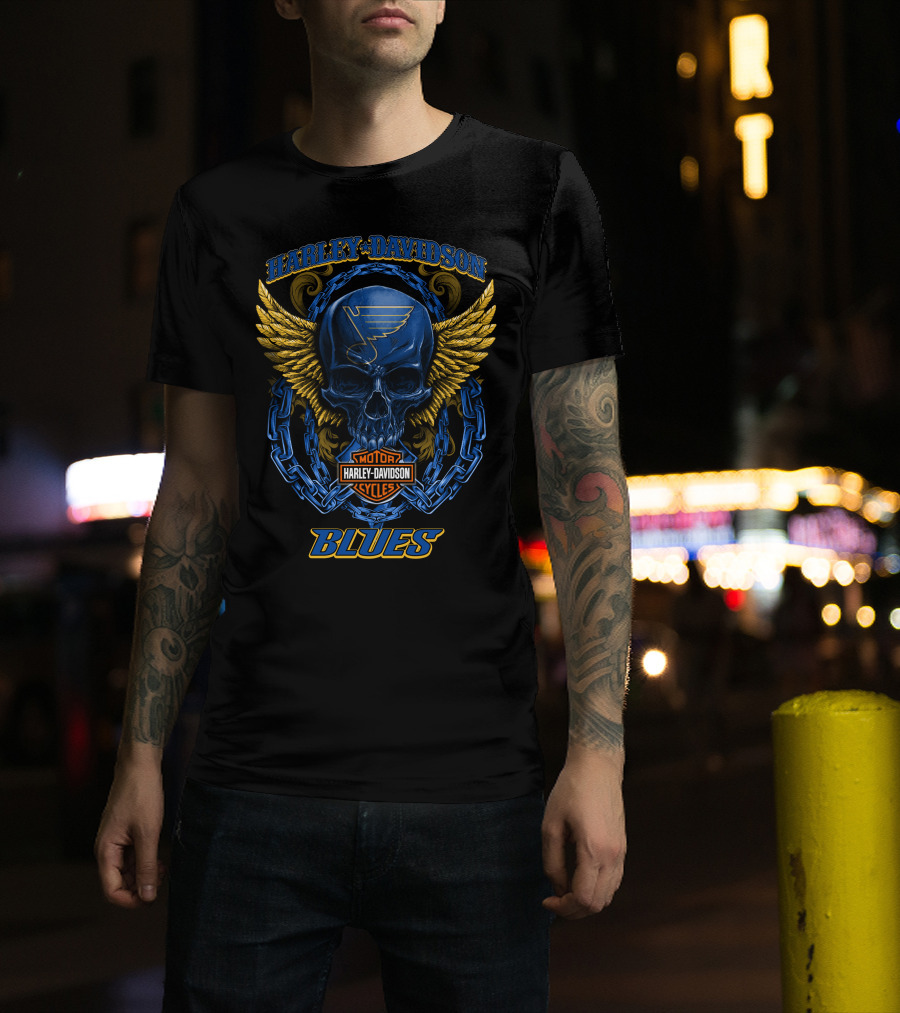 Harley Davidson St Louis Blues Skull With Wings And Chain T-Shirt