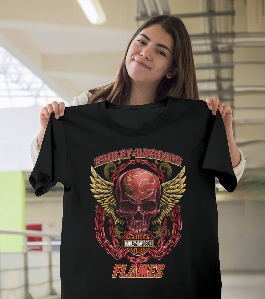 Harley Davidson Calgary Flames Skull Wings Chains T-Shirt
