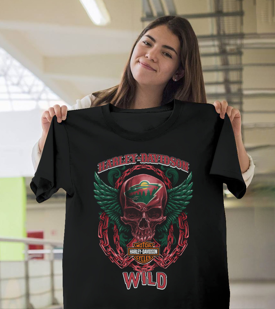 Harley Davidson Motorcycles Nhl Minnesota Wild Skull Wings Chain T-Shirt