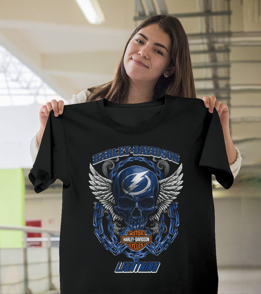 Harley Davidson Nhl Tampa Bay Lightning Skull Wings Chain T-Shirt