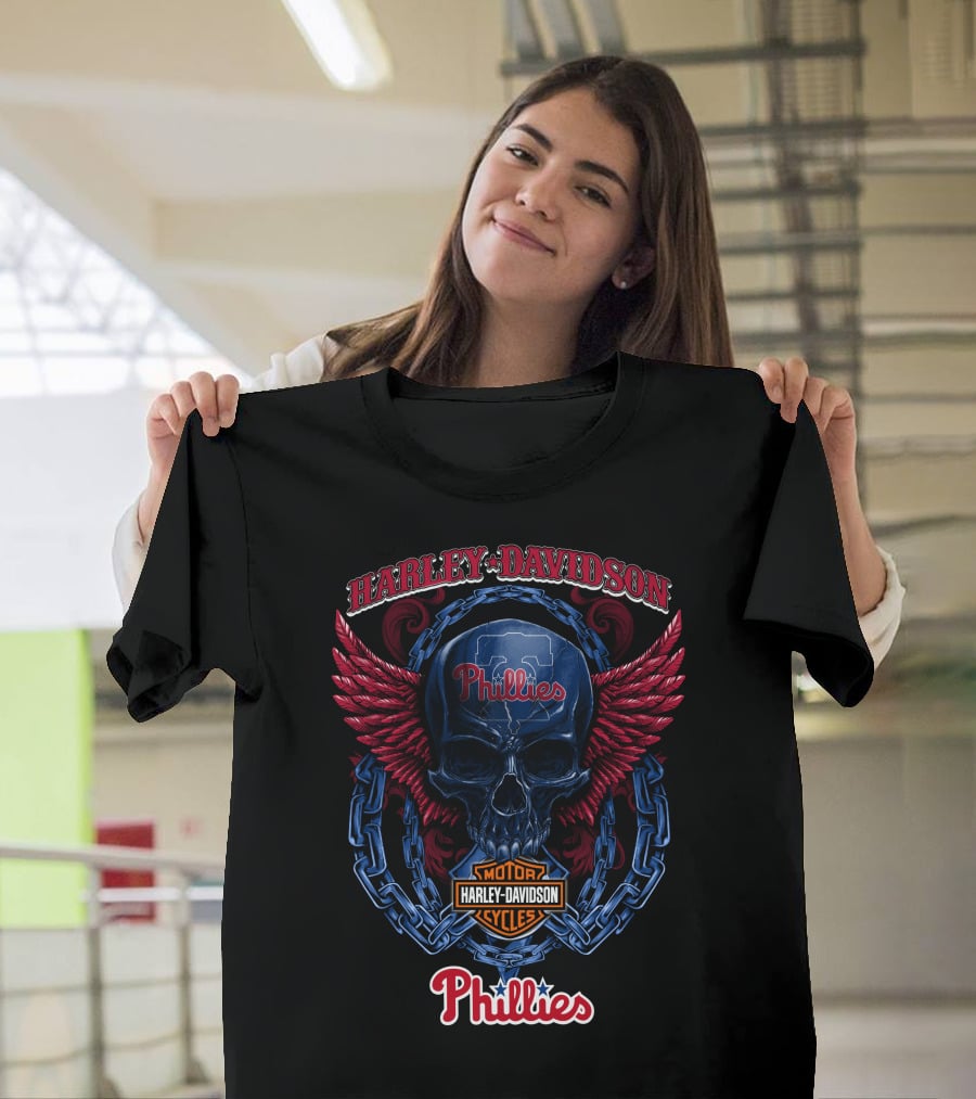 Harley Davidson Phillies Skull Wings Motor Cycles T-Shirt