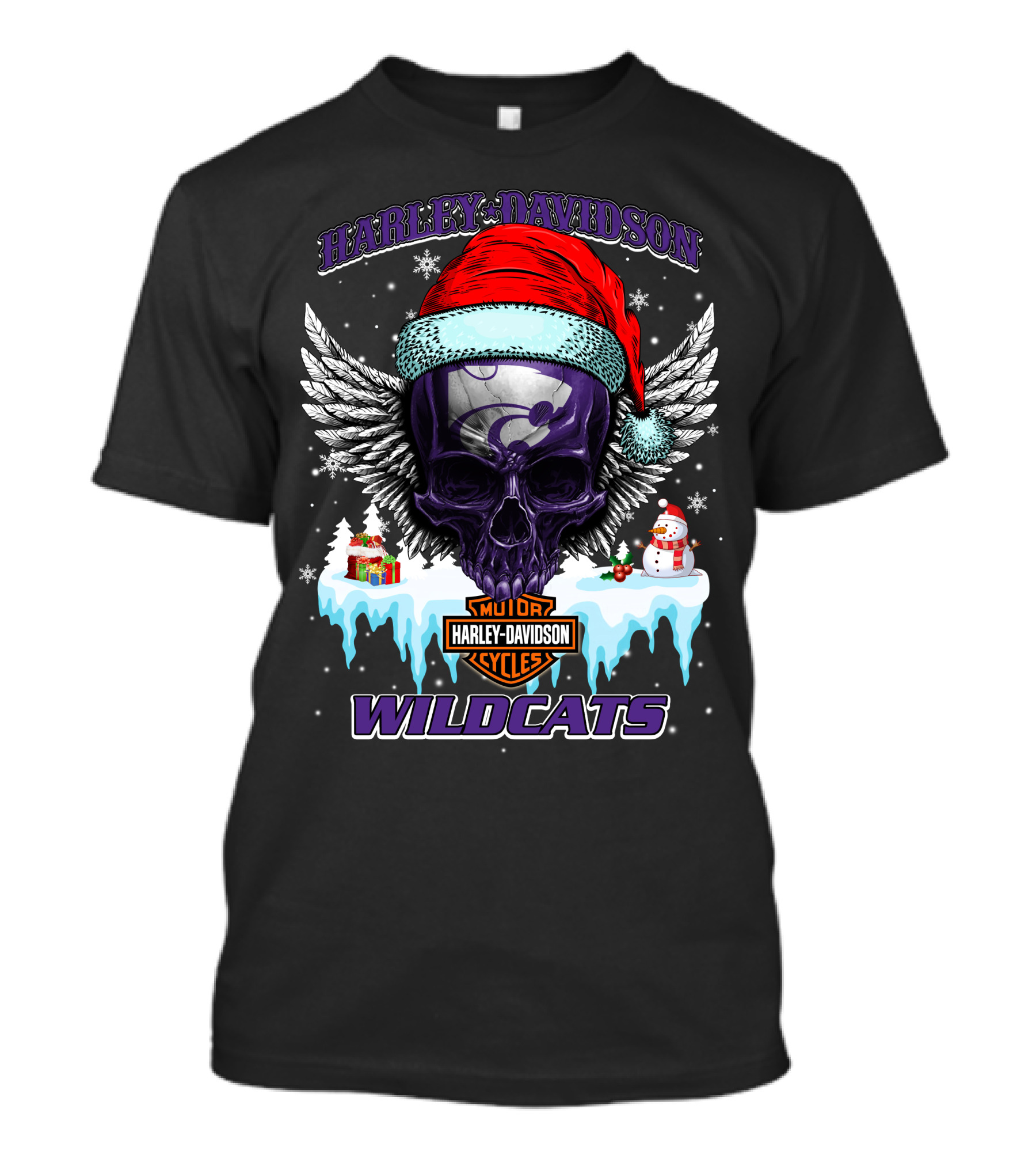 Harley Davidson Kansas State Wildcats Christmas Skull Wings T-Shirt