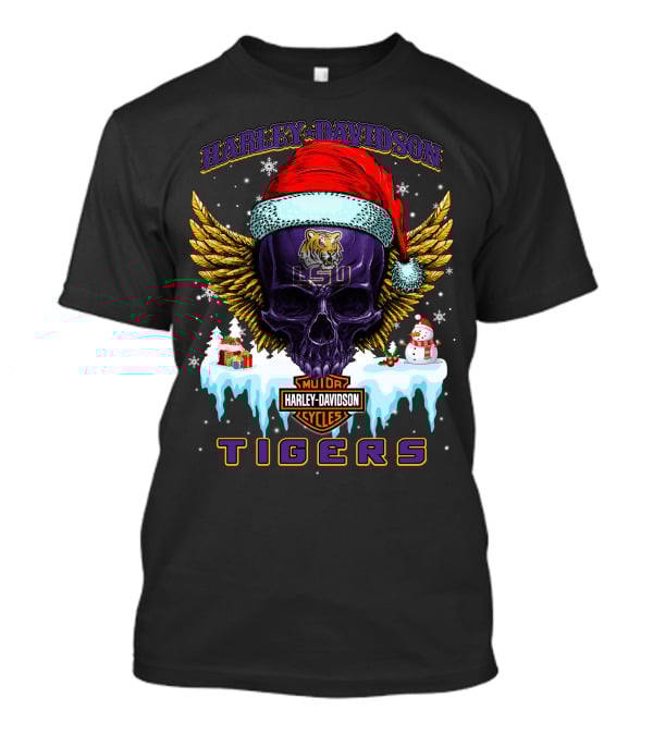 Harley Davidson Lsu Tigers Santa Skull Wings Baton Rouge Holiday Gifts T-Shirt