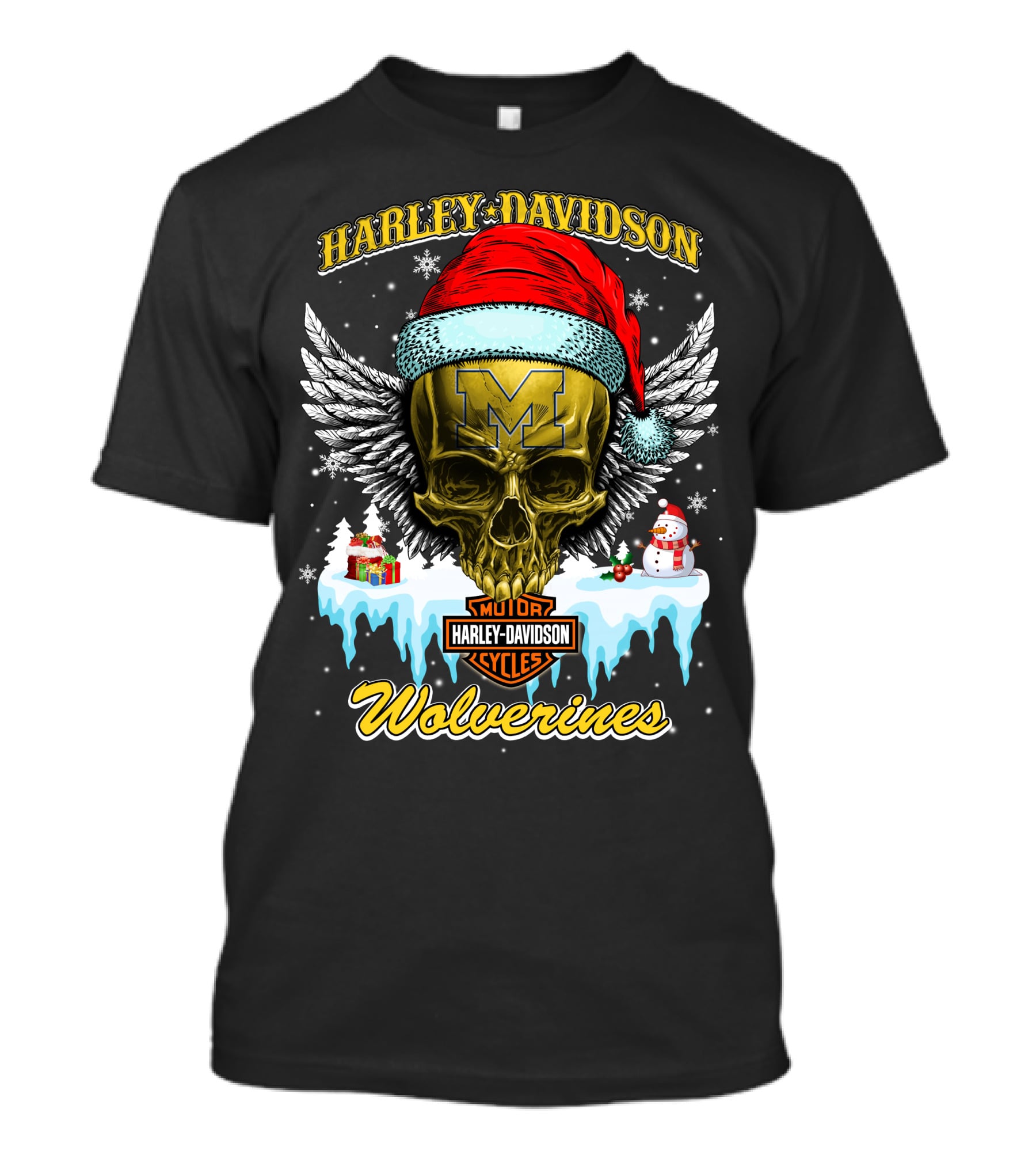 Harley Davidson Michigan Wolverines Skull Santa Hat Snowflake T-Shirt