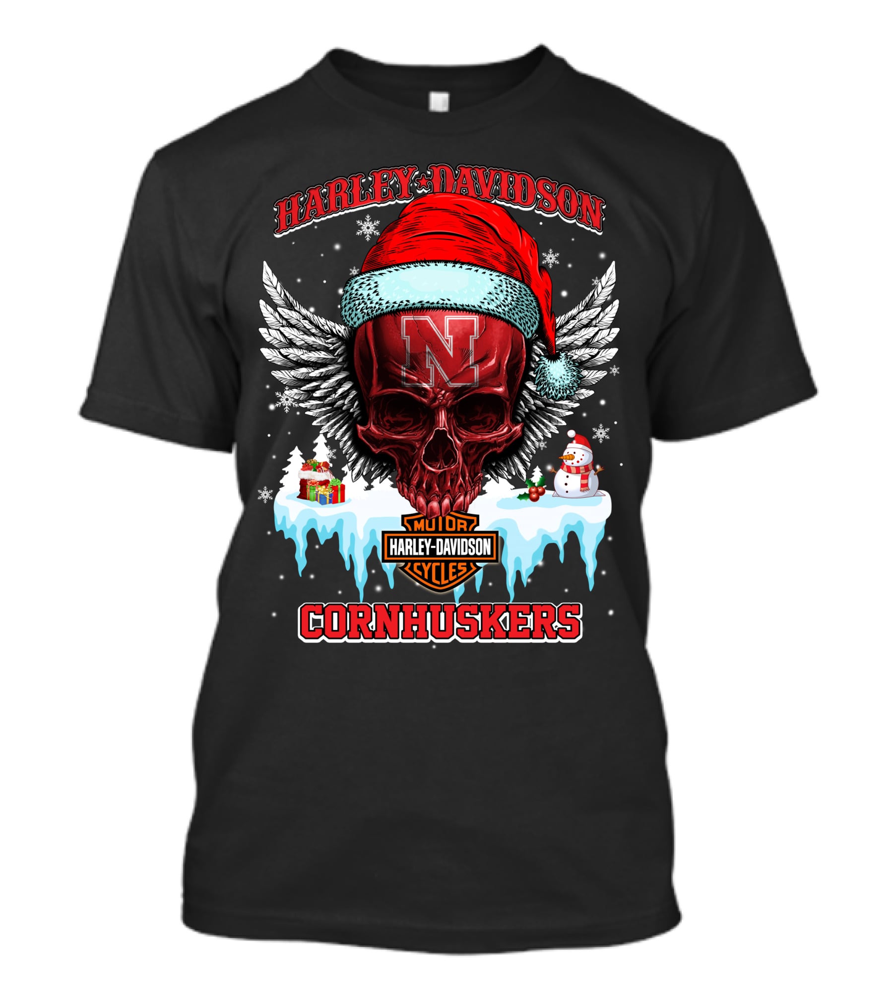 Harley Davidson Nebraska Cornhuskers Skull Santa Claus Wings Snowman T-Shirt