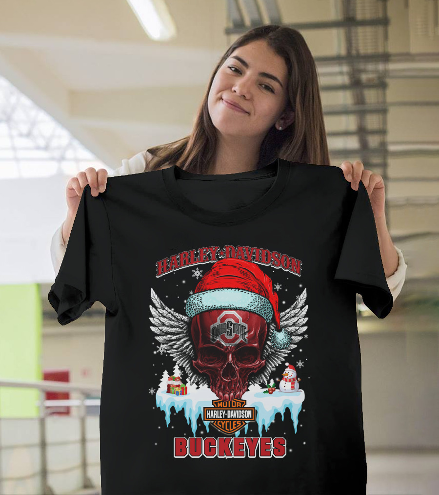 Harley Davidson Ohio State Buckeyes Motorcycles Cycles Santa Skull Wings Snowman T-Shirt