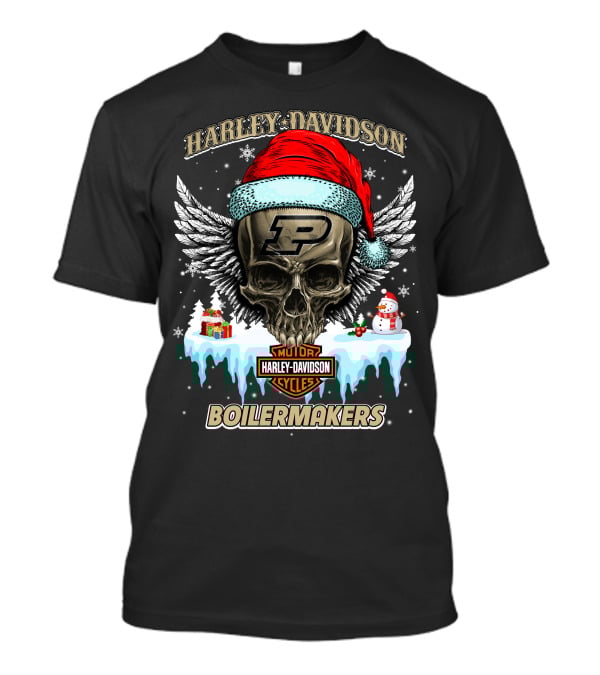 Harley Davidson Purdue Boilermakers Skull With Santa Hat And Snowflakes T-Shirt
