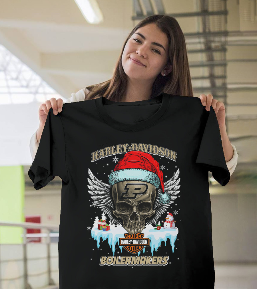 Harley Davidson Purdue Boilermakers Skull With Santa Hat And Snowflakes T-Shirt