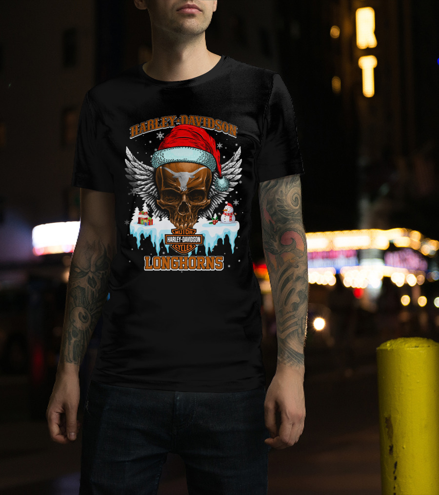 Harley Davidson Motor Cycles Longhorns Santa Skull Wings T-Shirt