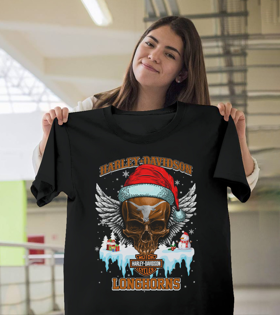 Harley Davidson Motor Cycles Longhorns Santa Skull Wings T-Shirt