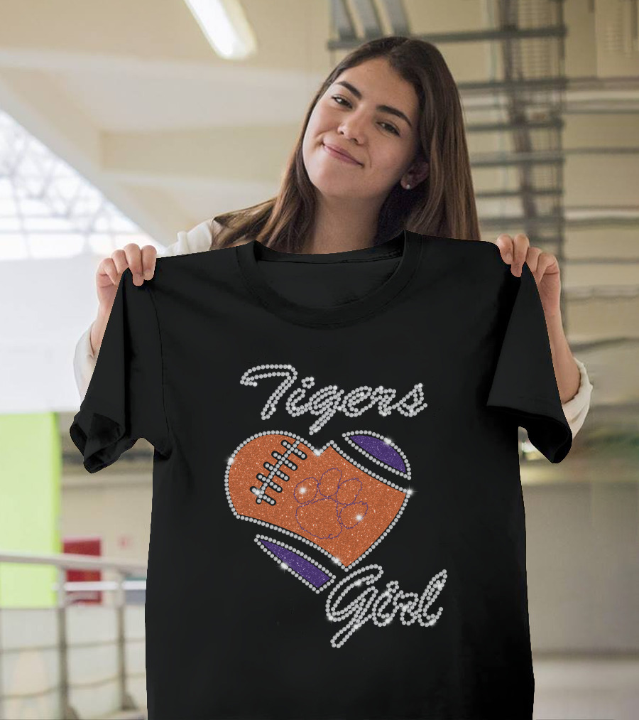 Tigers Girl Heart Football Clemson Paw T-Shirt