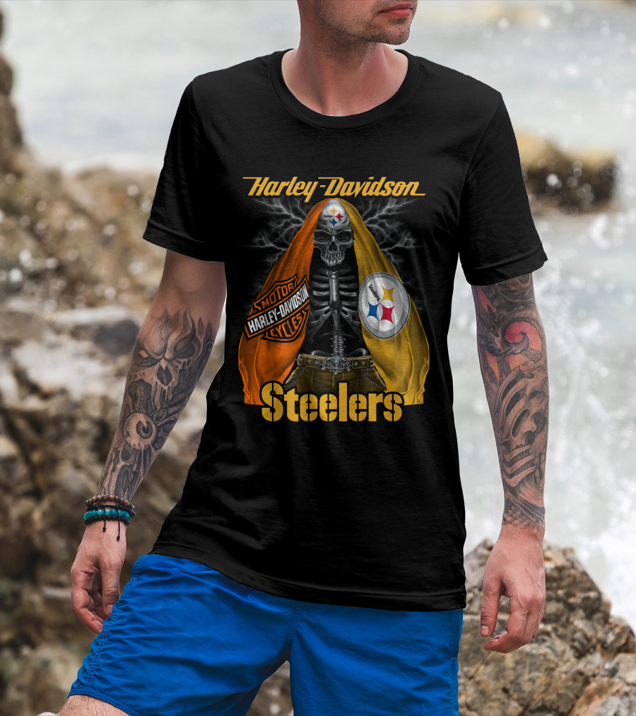Harley Davidson Steelers Motorcycles Skull With Lightning T-Shirt