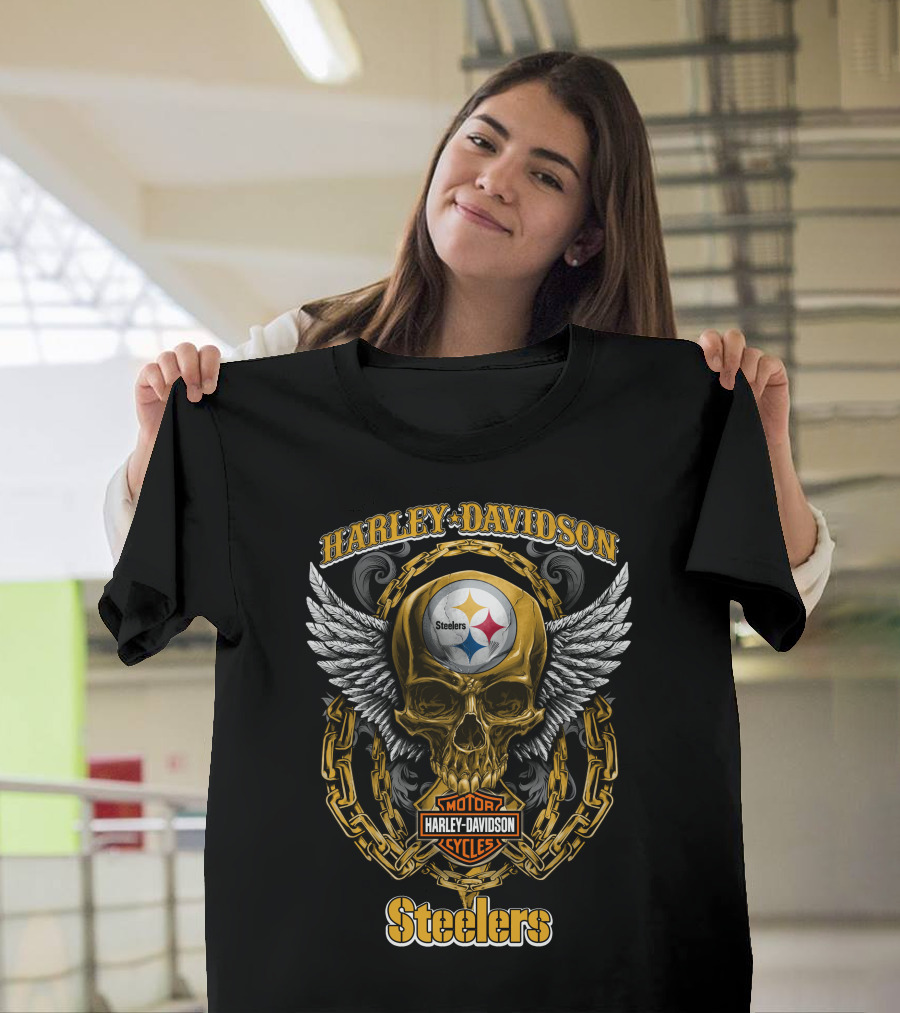 Steelers Harley Davidson Motor Cycles Skull Logo Chain Wings T-Shirt