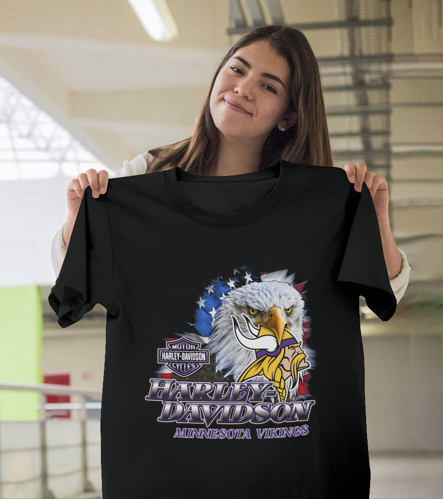 Harley Davidson Minnesota Vikings Nfl Eagles American Flag T-Shirt