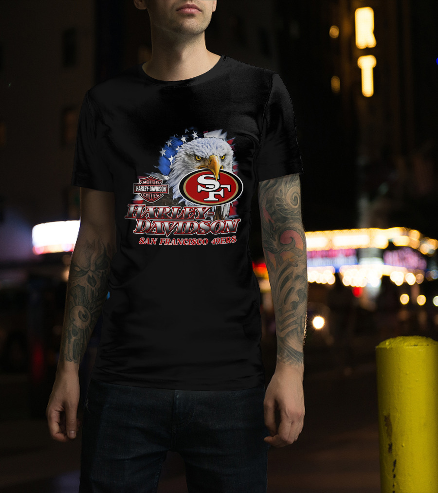 Harley Davidson San Francisco 49ers Nfl Eagles Logo With American Flag T-Shirt