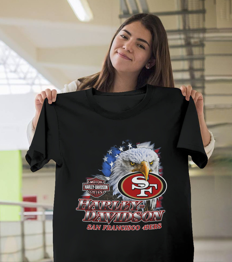 Harley Davidson San Francisco 49ers Nfl Eagles Logo With American Flag T-Shirt