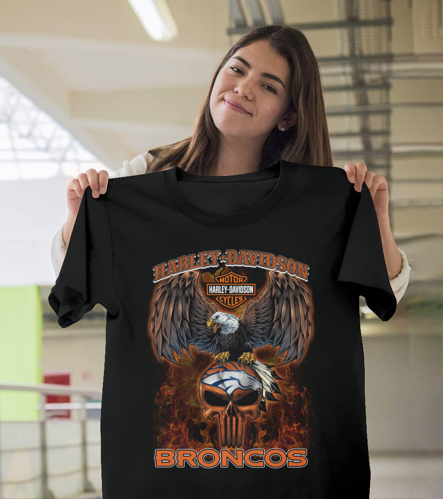 Harley Davidson Motor Cycles Eagle Broncos Nfl T-Shirt