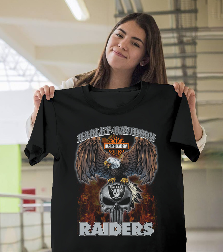 Harley Davidson Motor Cycles Raiders Nfl Eagle Skull Flames T-Shirt
