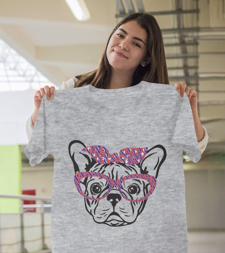 Bulldog with Northwestern Wildcats Pattern Glasses and Bow T-Shirt