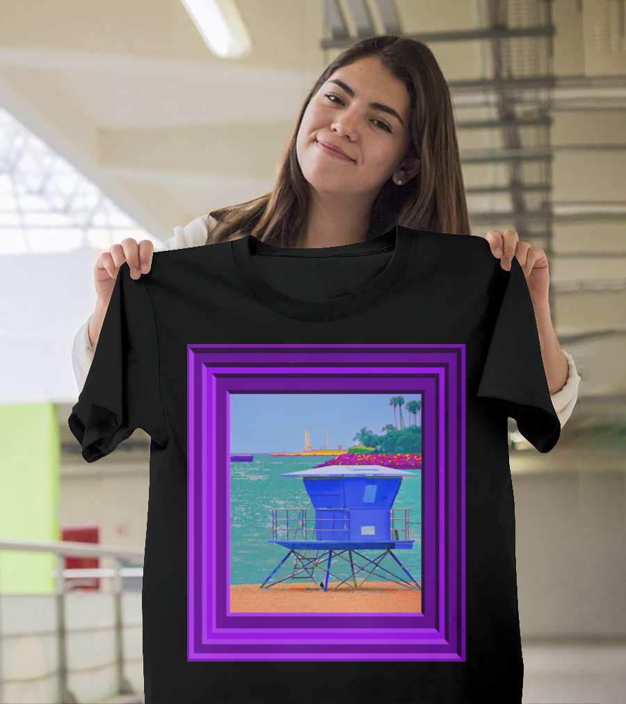 Long Beach Lifeguard Tower Purple Frame Ocean Scene T-Shirt