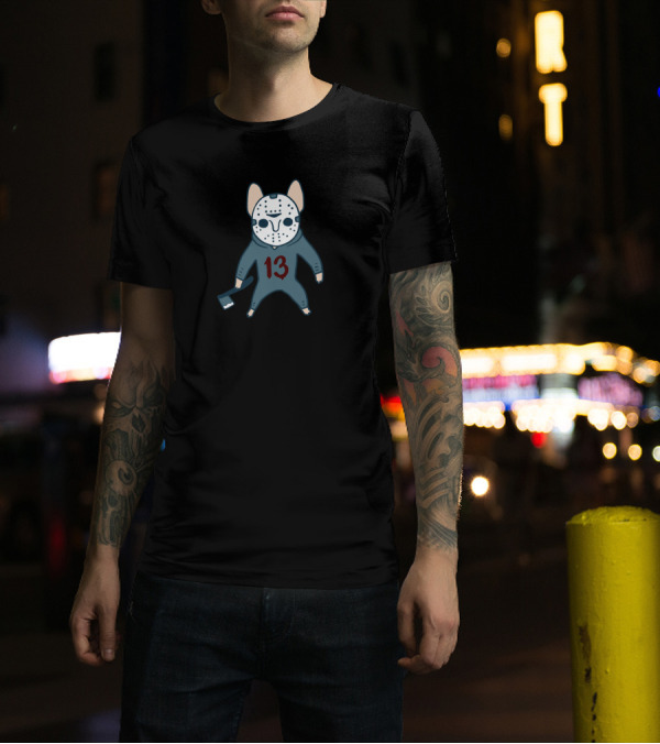 Frenchie The 13th In Hockey Mask Holding Ax With Spooky Vibes T-Shirt