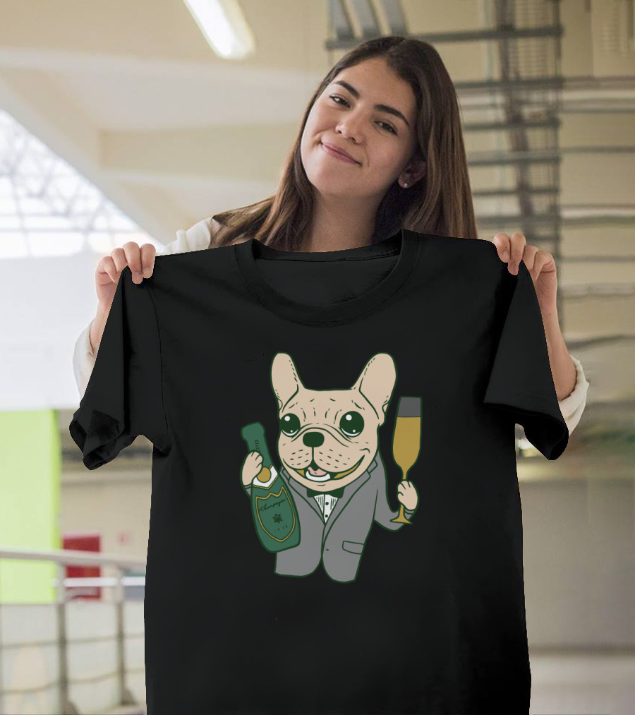 Celebration Champagne with Cute Frenchie in Suit Holding Glass and Bottle T-Shirt