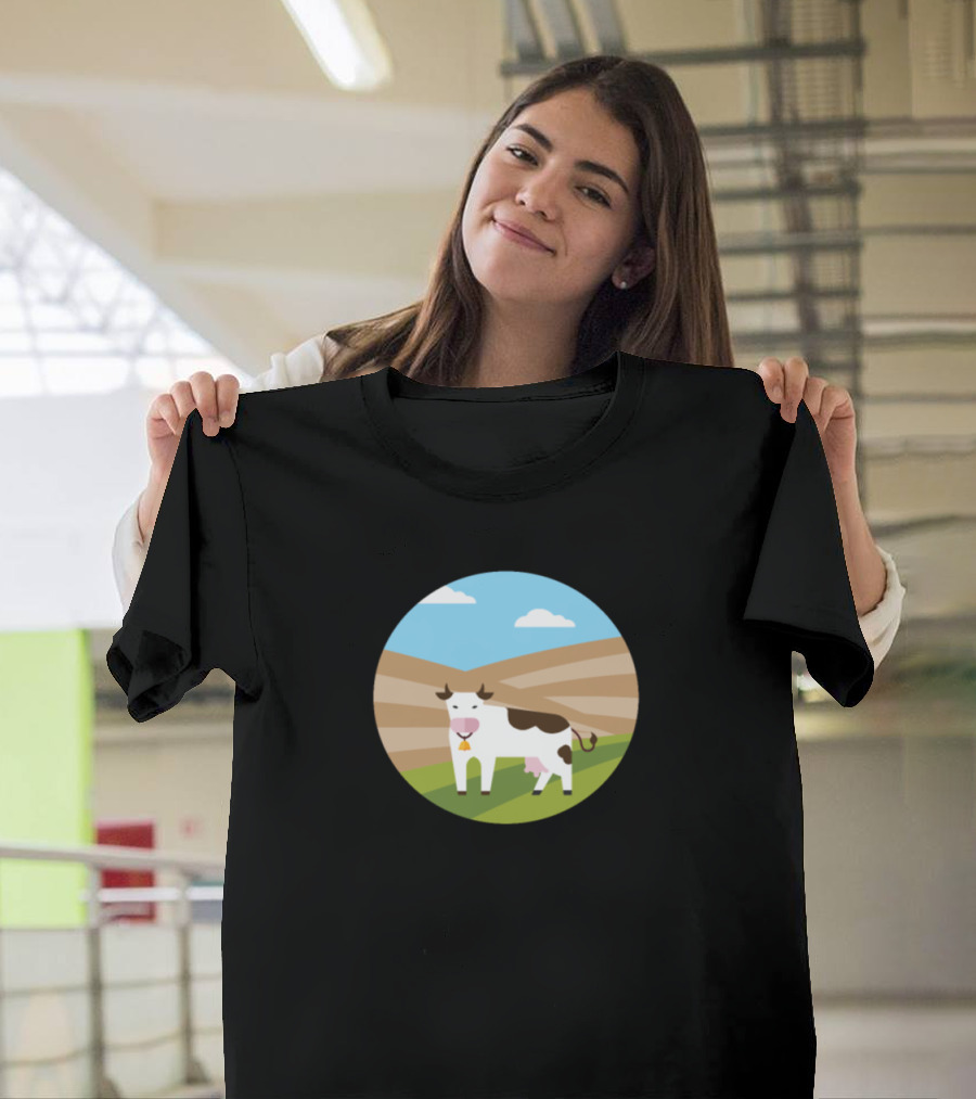 Cow in Pastoral Mountain Landscape with Blue Sky and Clouds in Minimalist Circle T-Shirt