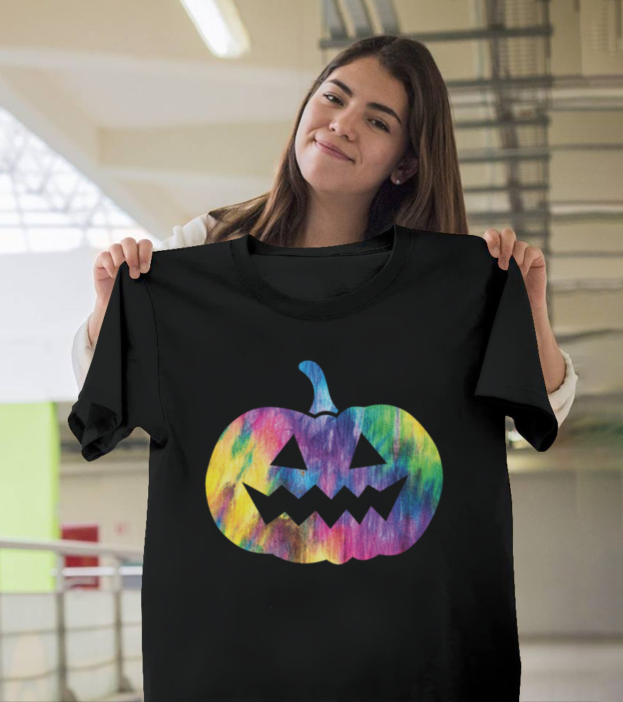 Tie Dye Multicolor Pumpkin Face Jack O Lantern Halloween T-Shirt