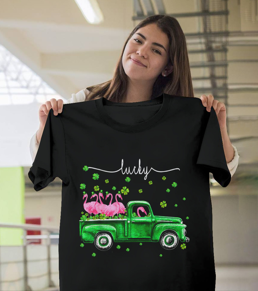 Lucky Flamingo Green Truck with Shamrocks T-Shirt