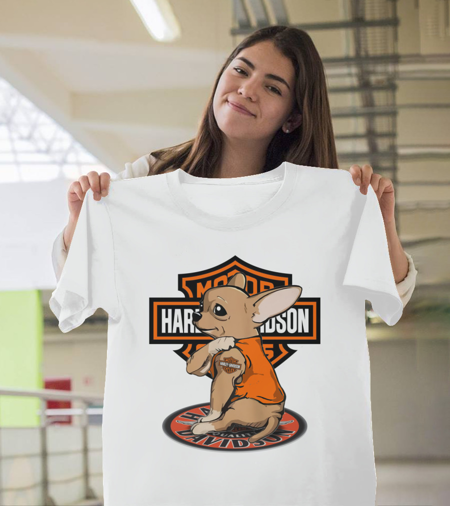 Harley Davidson Chihuahua With Orange Jacket And Motor T-Shirt