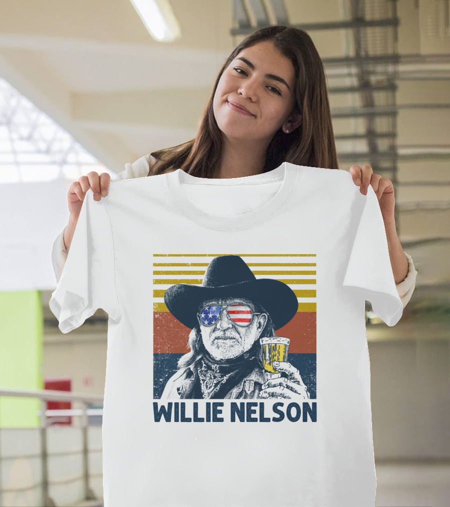 Willie Nelson USA Flag Sunglasses Beer Stripes T-Shirt