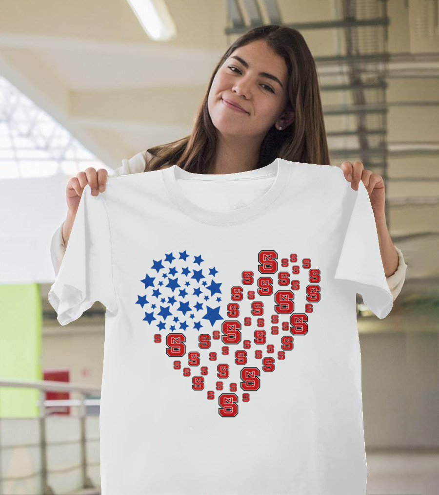 Nc State Heart Flag Blue Stars Red Logos T-Shirt