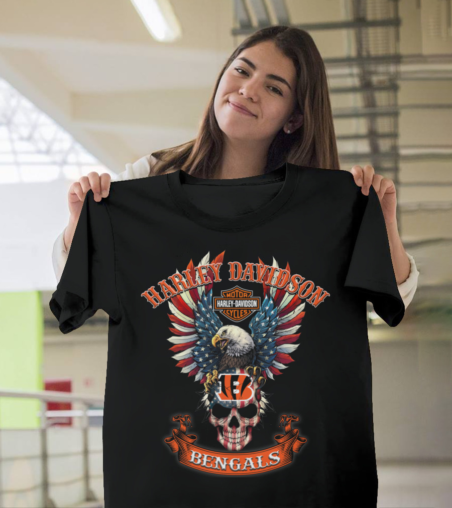 Harley Davidson Motor Cycles Eagle Bengals Nfl Skull T-Shirt