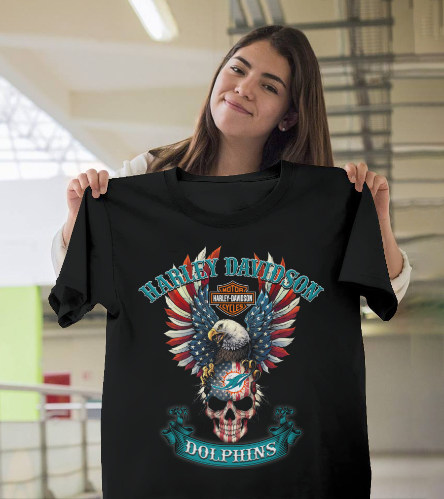 Harley Davidson Motor Cycles Dolphins Eagle Flag Skull T-Shirt