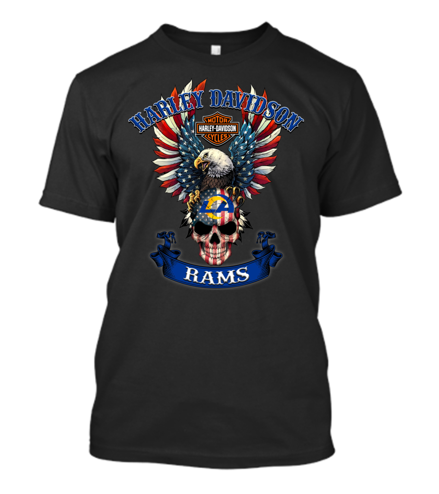 Harley Davidson Motor Cycles Rams La Eagle Skull American Flag T-Shirt