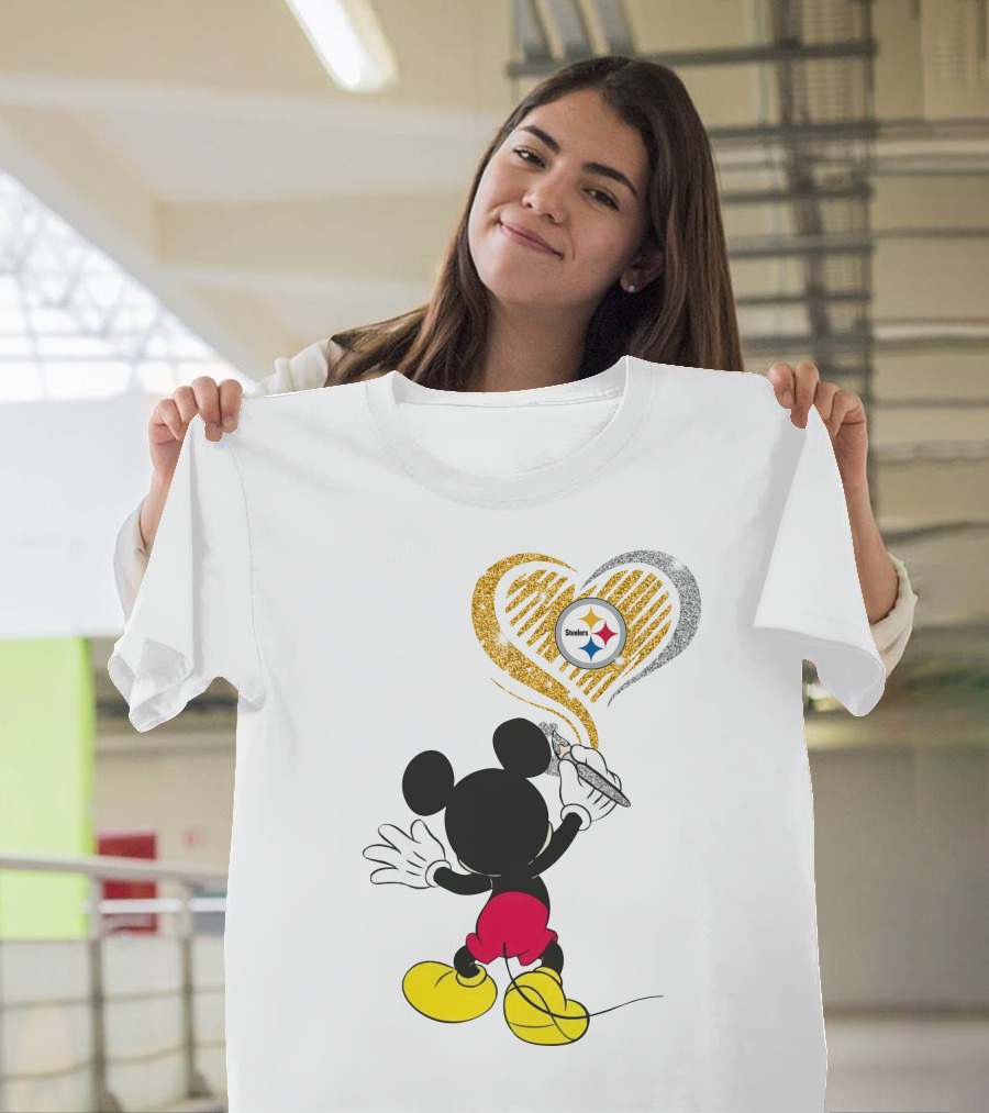 Mickey Mouse Drawing Heart With Pittsburgh Steelers T-Shirt