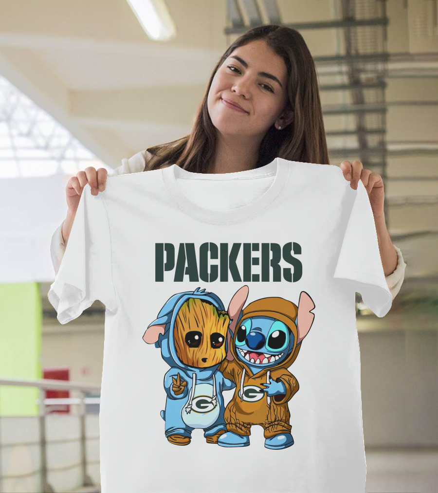 Packers Groot And Stitch Hug Wearing Green Bay Packers Hoodies T-Shirt