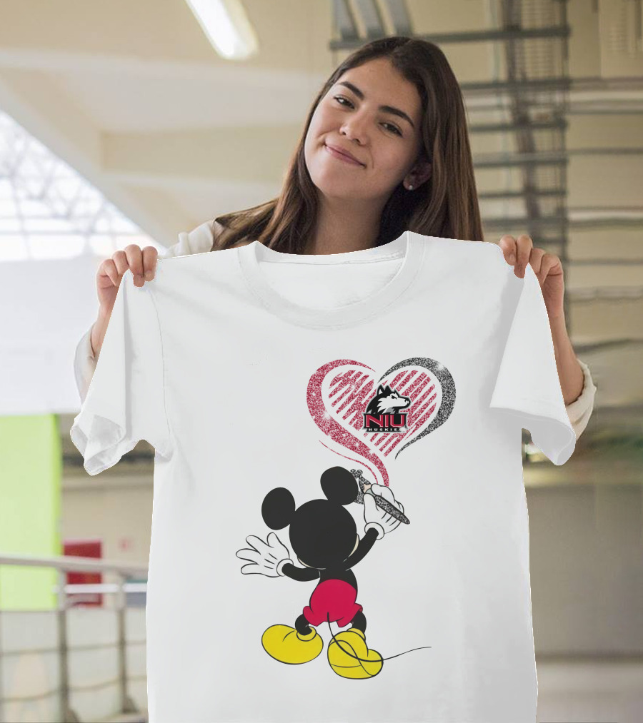 Mickey Mouse Drawing Northern Illinois University Huskies Logo In Heart Shape T-Shirt