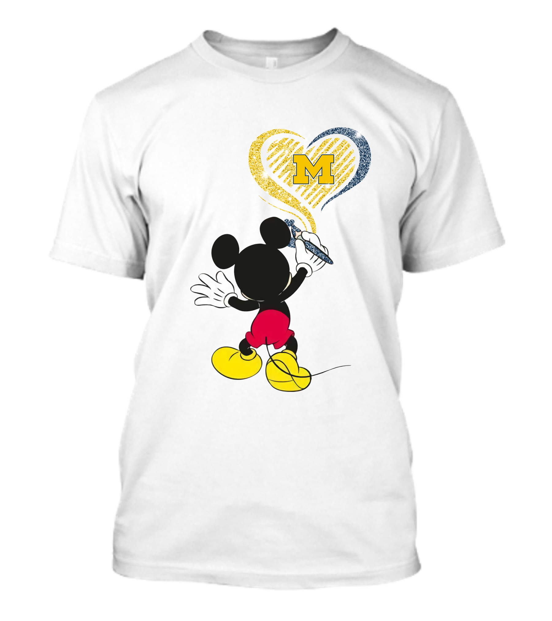 Michigan Wolverines M In Yellow And Blue Heart With Disney Mickey Character T-Shirt