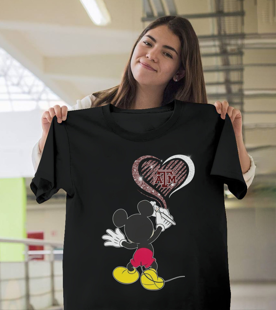 Mickey Drawing Heart With ATM Logo Texas A&M Aggies T-Shirt