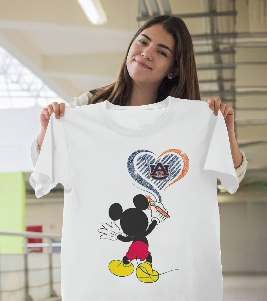 Mickey Mouse Auburn Tigers Heart Drawing T-Shirt