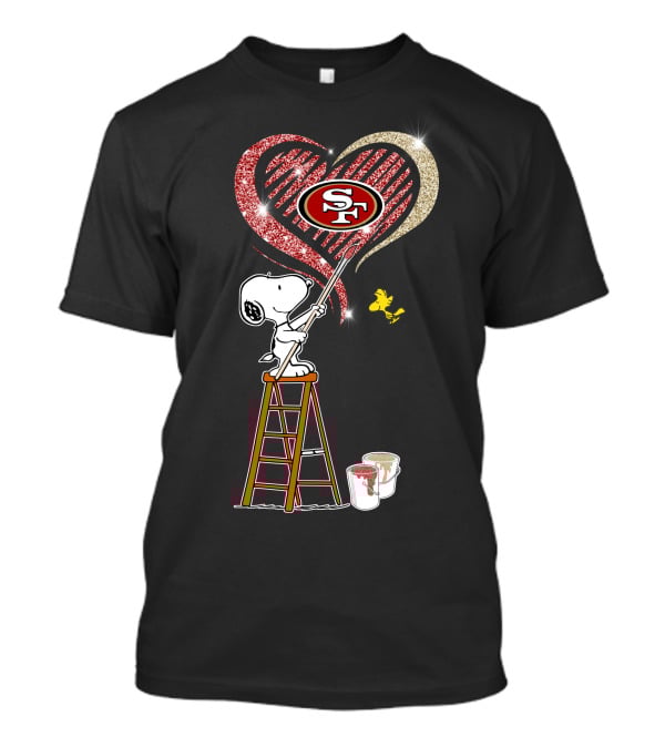 Snoopy Painting San Francisco 49ers Heart With Woodstock T-Shirt