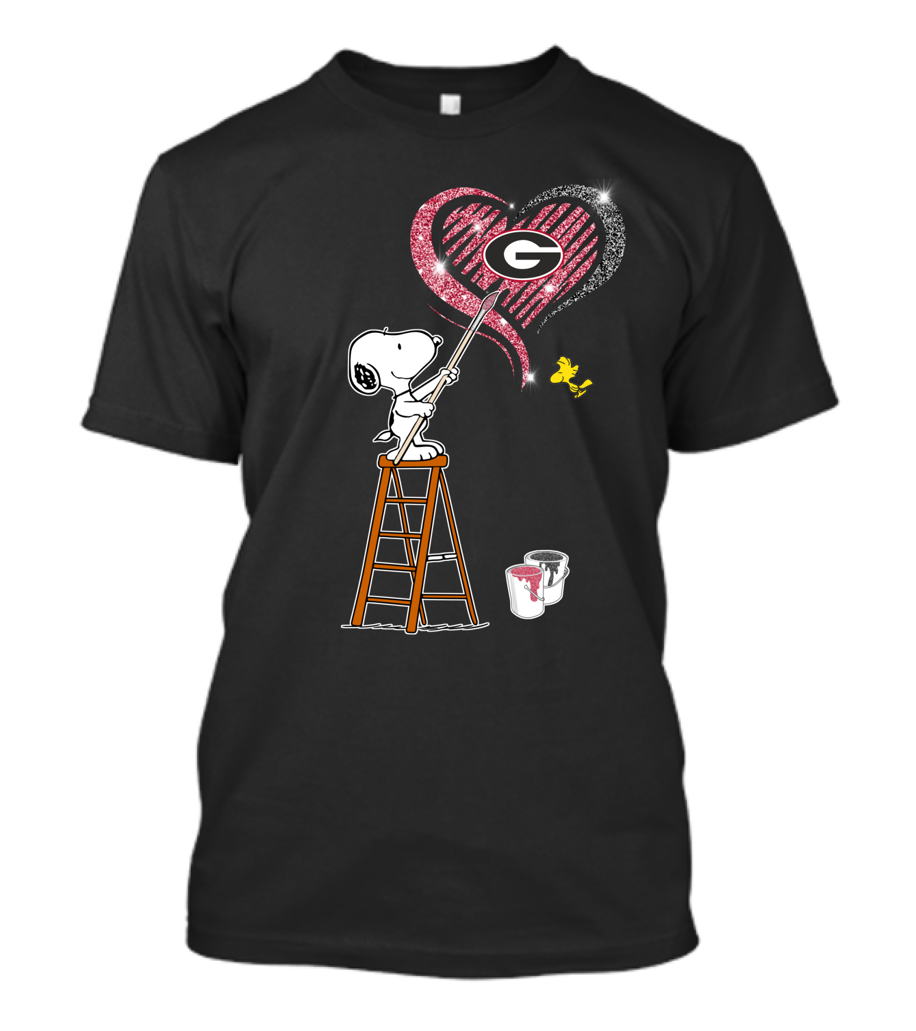Snoopy Painting Georgia Bulldogs Heart With Woodstock On Ladder T-Shirt