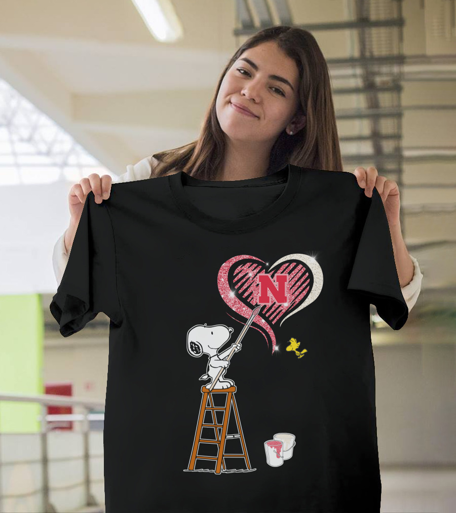 Snoopy Nebraska Huskers Heart Painting Woodstock Collaboration T-Shirt