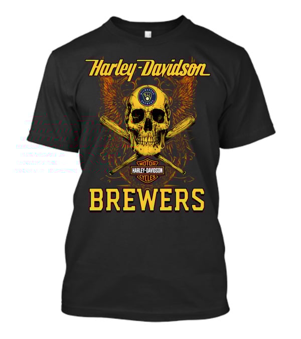 Harley Davidson Skull And Crossed Bats Milwaukee Brewers Motor Cycles T-Shirt
