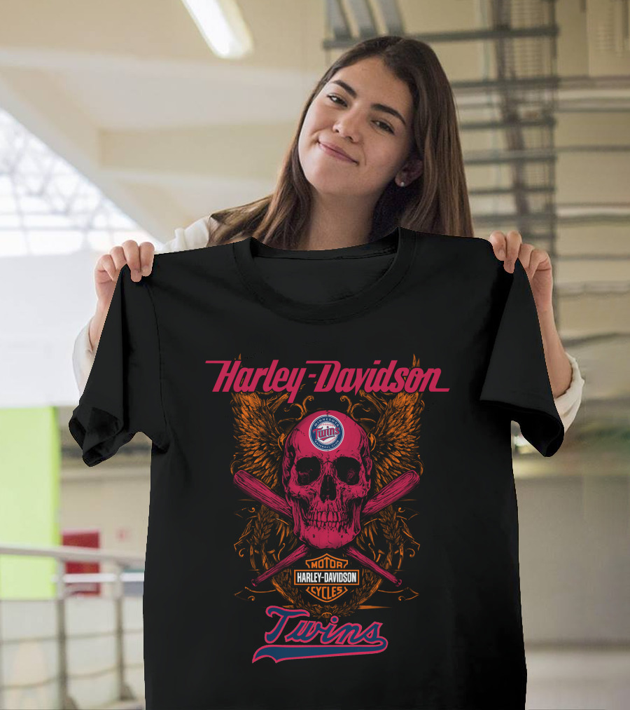 Harley Davidson Twins Skull With Minnesota Logo And Bats T-Shirt