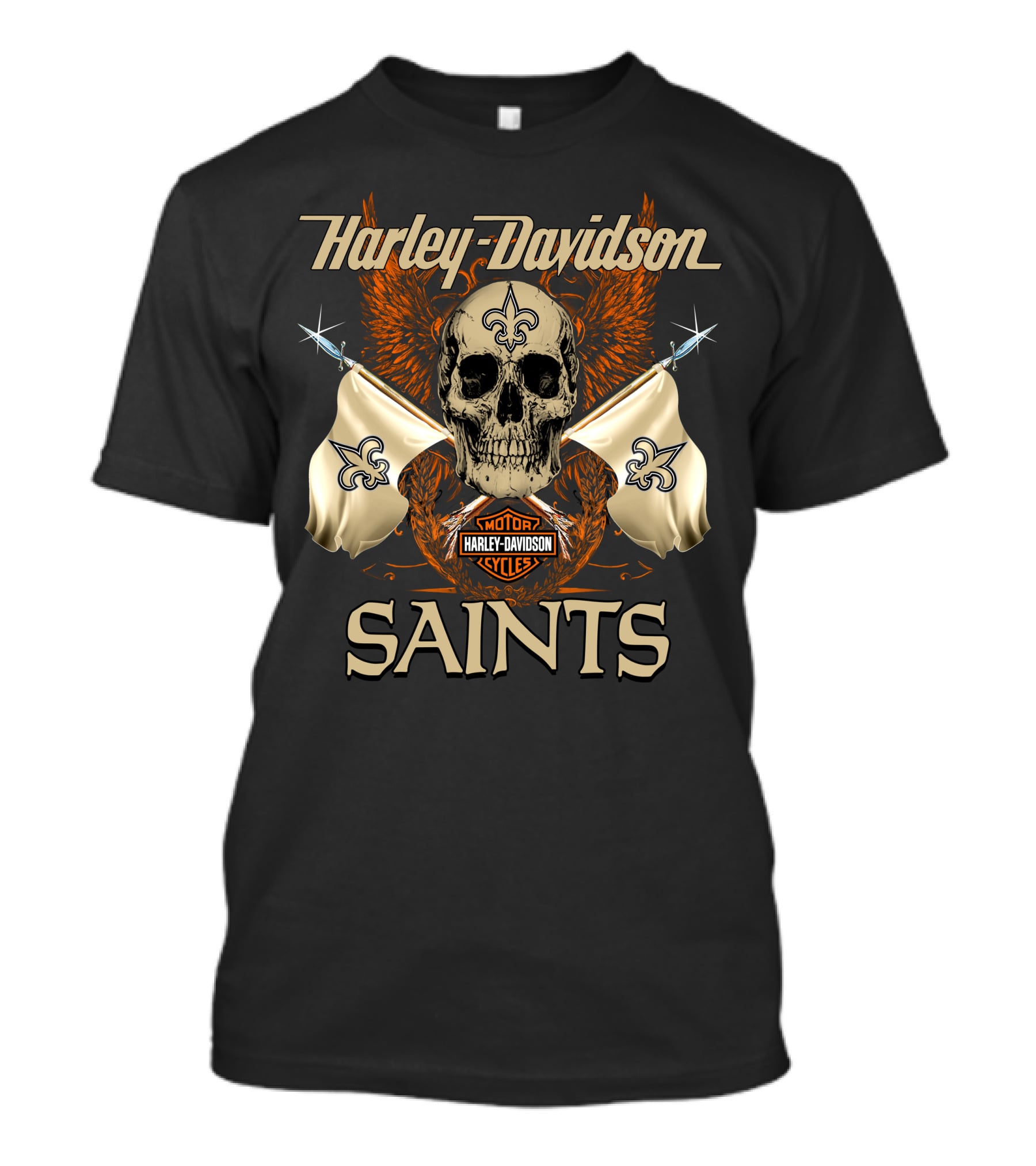 Harley Davidson Saints Skull With Fleur-De-Lis Flags And Wings T-Shirt