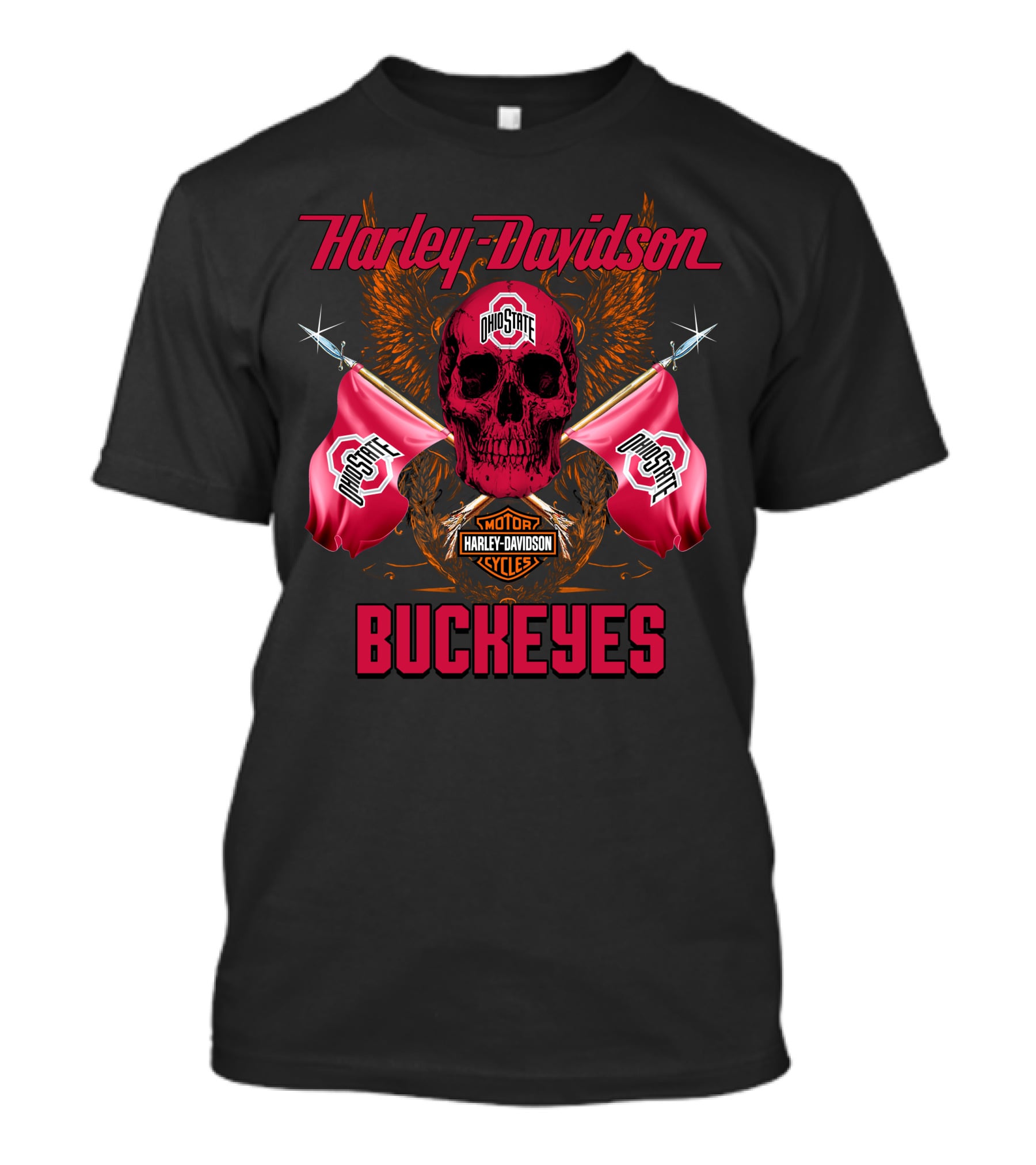 Harley Davidson Ohio State Buckeyes Skull Flag Fan T-Shirt